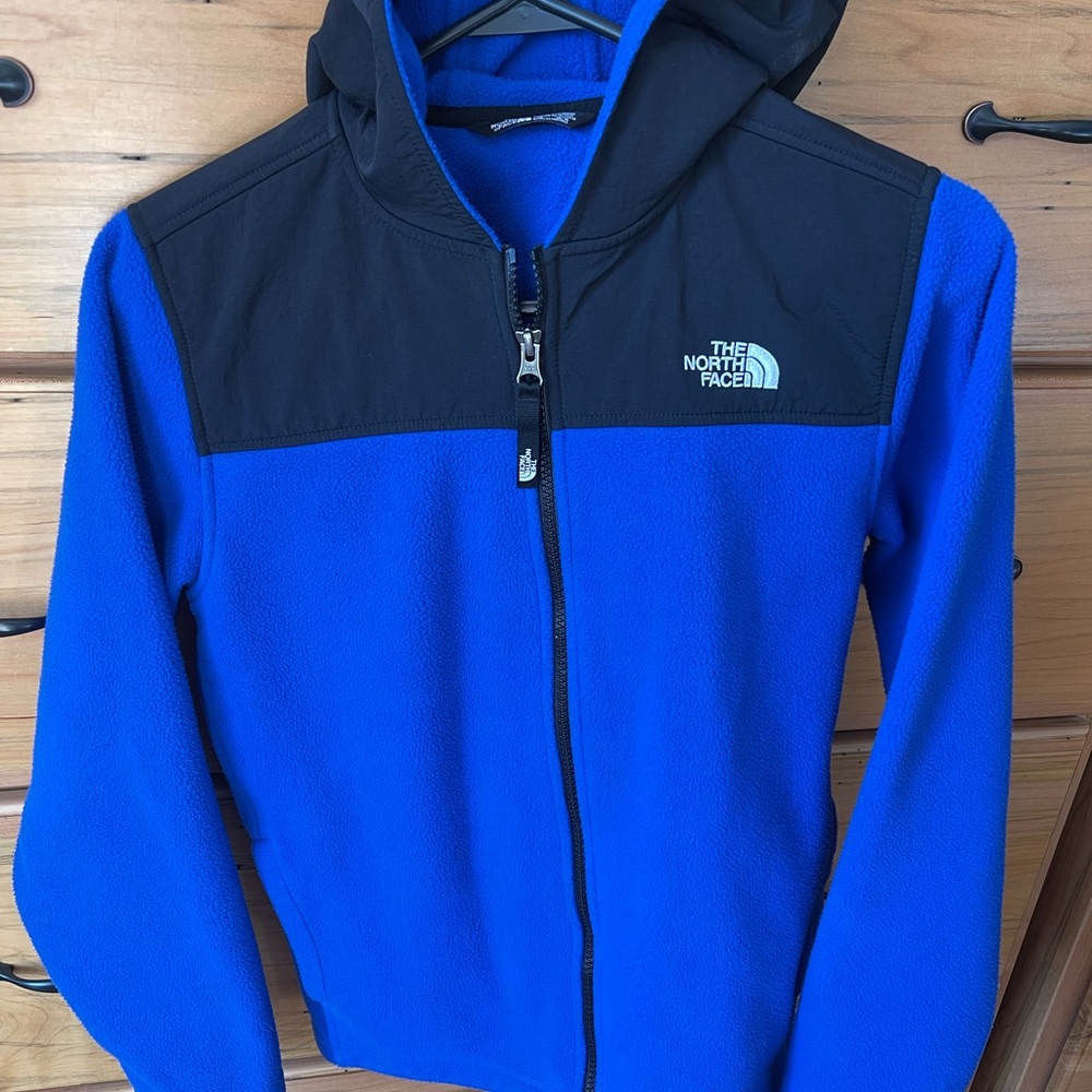 The North Face Kids' Blue and Black Fleece Jacket with Hood - 14/16 large
